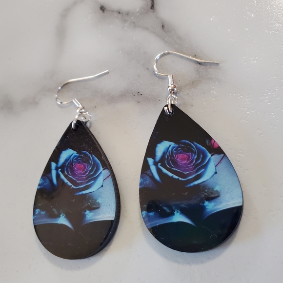 Blue Rose on Book Teardrop Earrings - Picture 5 of 8